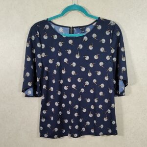 2/$10 04197 Ann Taylor navy w/gold & white dandelion print S/S blouse M